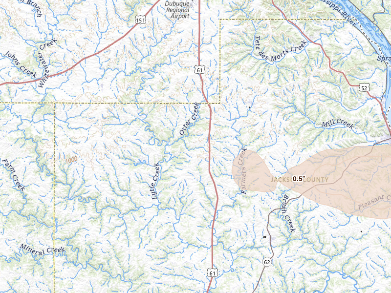 Radar-estimated hail-size map of the storm over Zwingle, IA on Mar 30, 2026