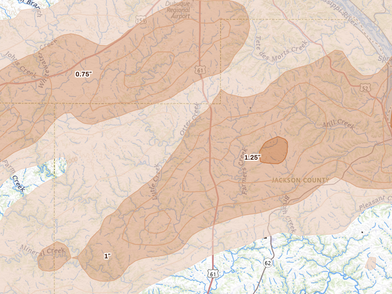 Radar-estimated hail-size map of the storm over Zwingle, IA on Apr 17, 2026