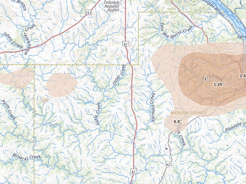 Radar-estimated hail-size map of the storm over Zwingle, IA on Jul 3, 2026