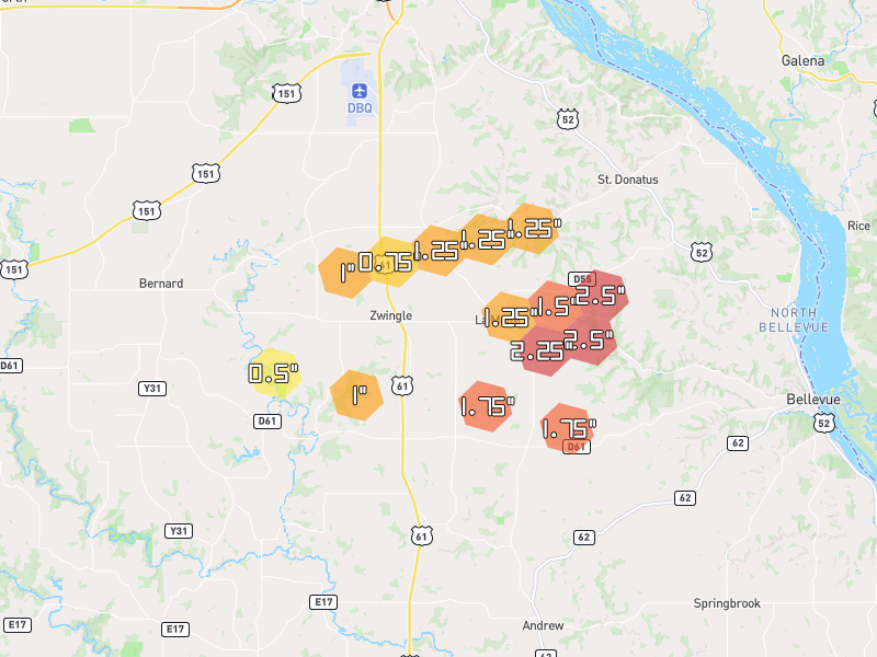 Hail map of Zwingle, IA on Jul 3, 2026, hail up to 1"