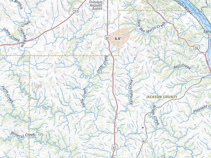 Radar-estimated hail-size map of the storm over Zwingle, IA on Jul 9, 2026