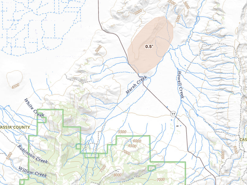 Radar-estimated hail-size map of the storm over Albion, ID on Jul 29, 2026