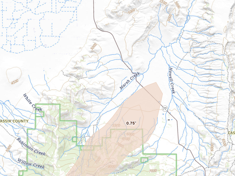 Radar-estimated hail-size map of the storm over Albion, ID on Aug 23, 2026