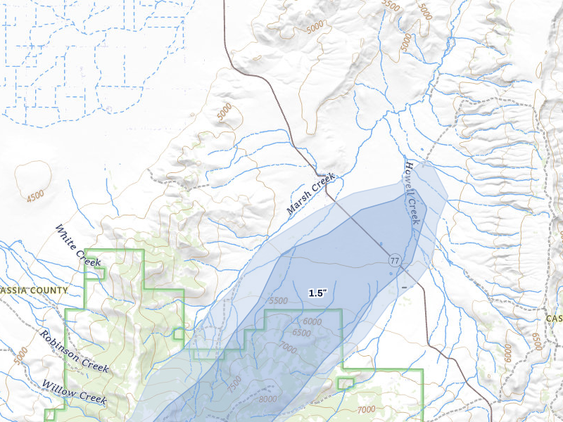 NEXRAD radar-signature map of the hail storm over Albion, ID on Aug 23, 2026