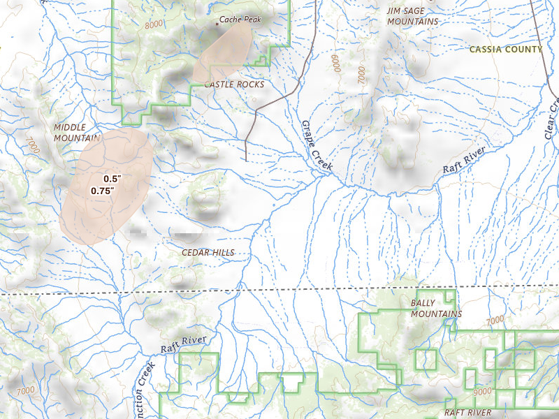 Radar-estimated hail-size map of the storm over Almo, ID on Jul 29, 2026