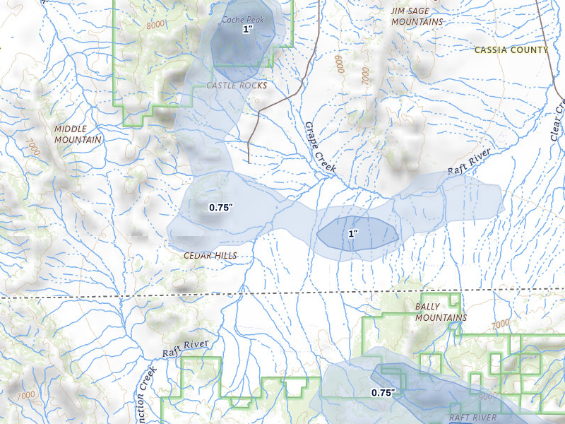NEXRAD radar-signature map of the hail storm over Almo, ID on Jul 30, 2026