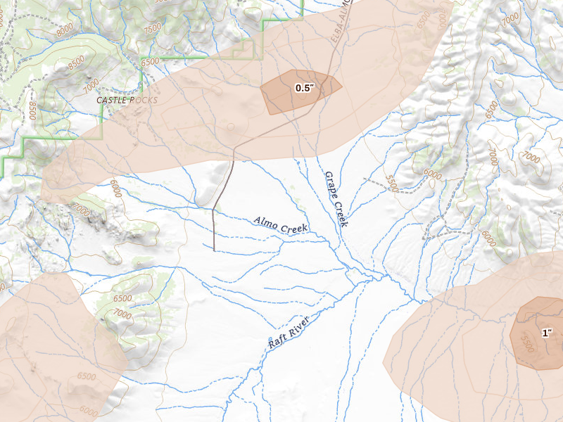 Radar-estimated hail-size map of the storm over Almo, ID on Aug 23, 2026