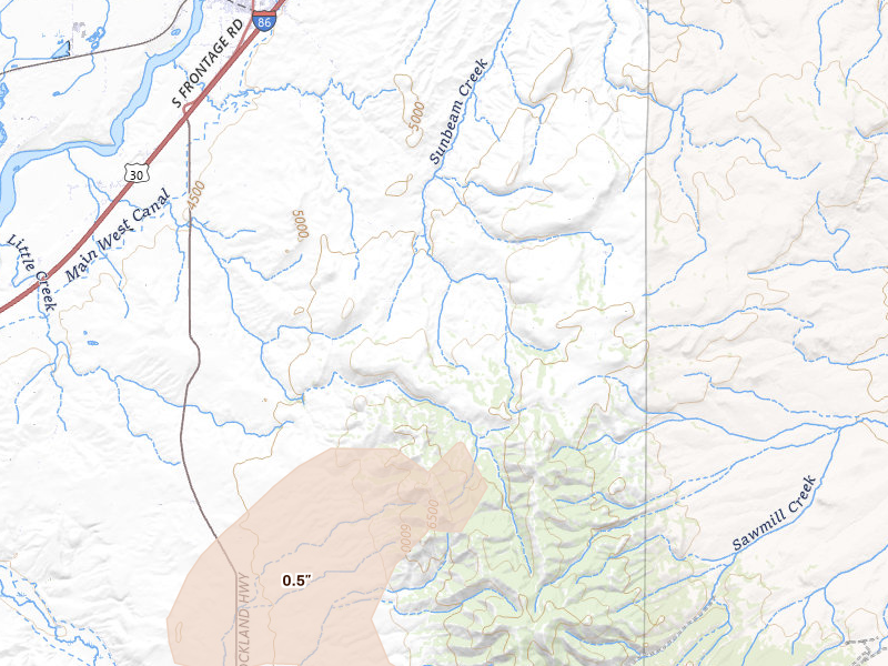 Radar-estimated hail-size map of the storm over American Falls, ID on Jul 24, 2026