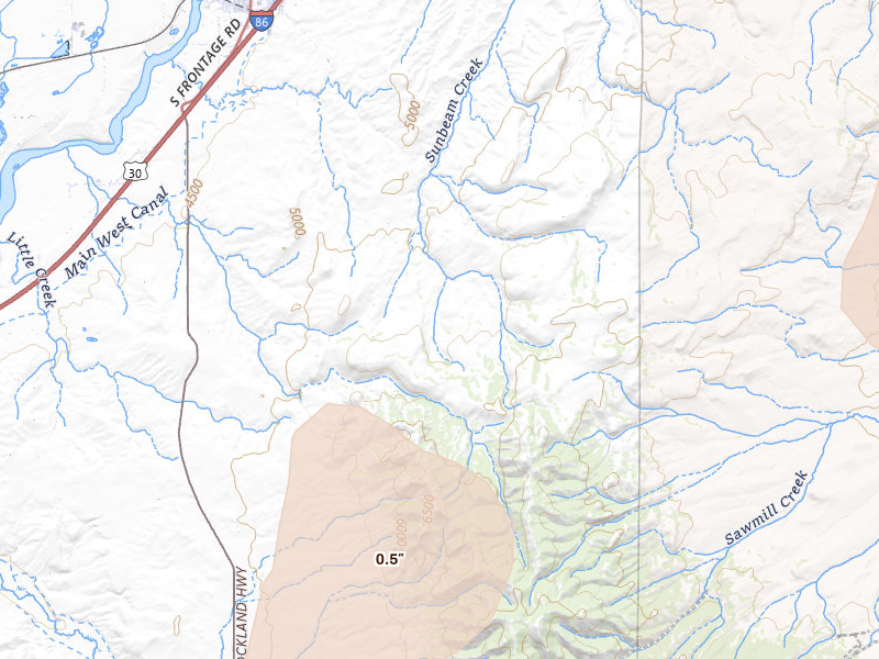 Radar-estimated hail-size map of the storm over American Falls, ID on Jul 29, 2026