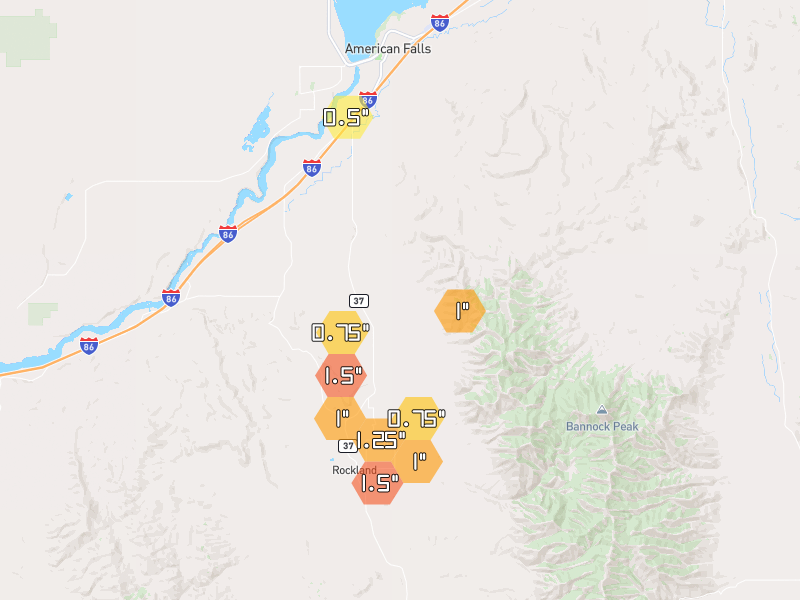 Hail map of American Falls, ID on Jul 29, 2026, hail up to 1.5"