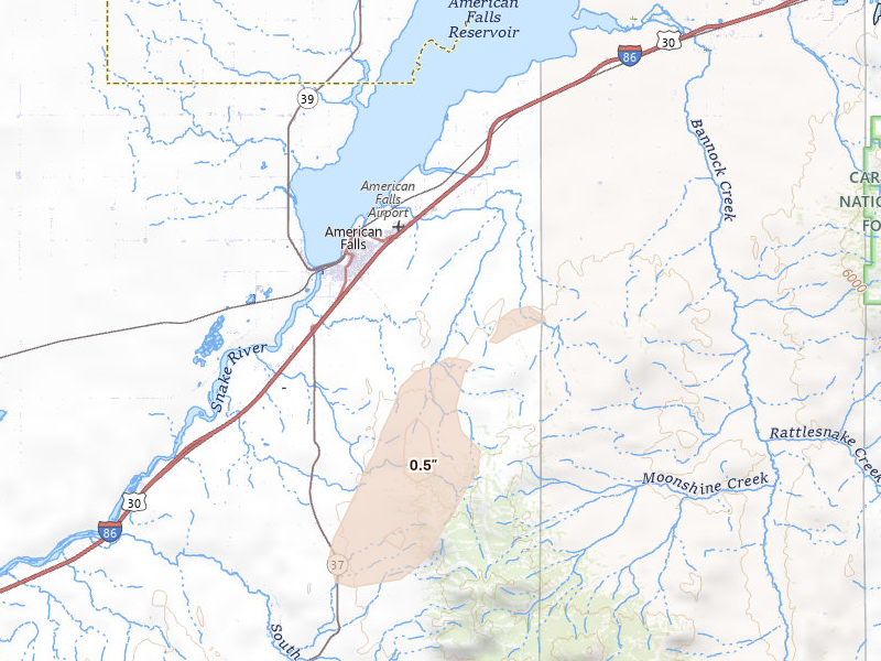 Radar-estimated hail-size map of the storm over American Falls, ID on Aug 22, 2026