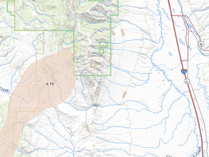 Radar-estimated hail-size map of the storm over Arimo, ID on Jul 2, 2026