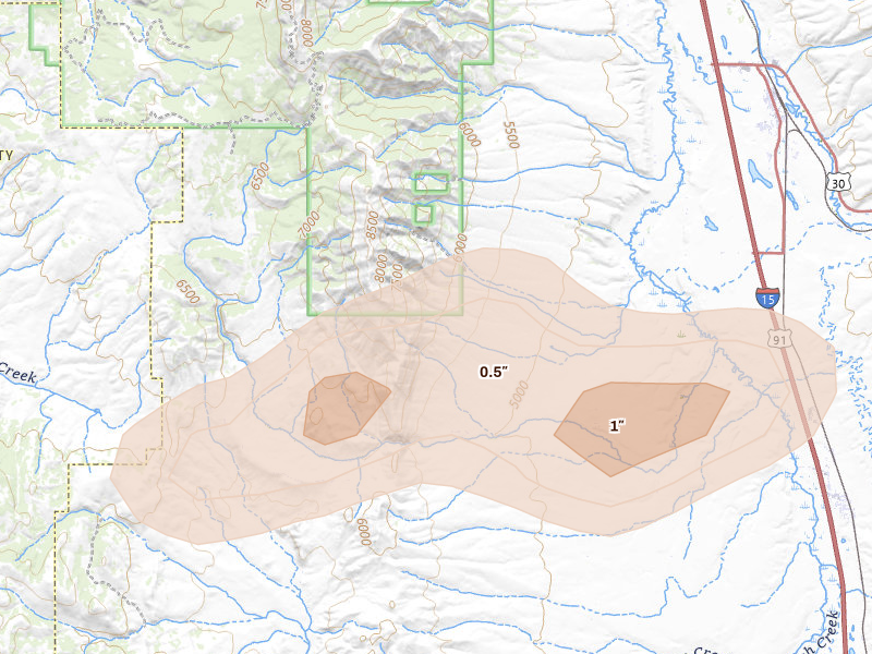 Radar-estimated hail-size map of the storm over Arimo, ID on Jul 21, 2026