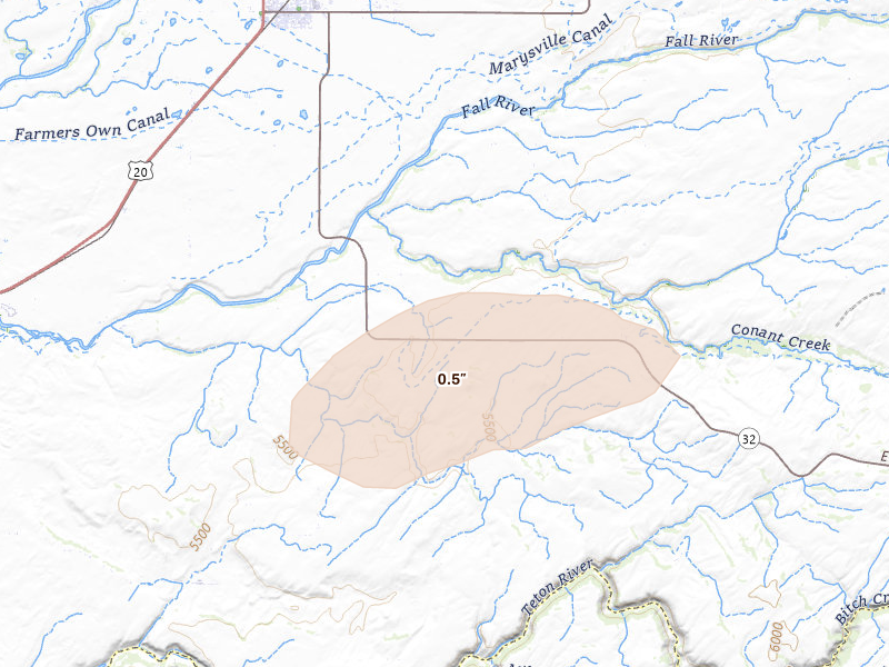 Radar-estimated hail-size map of the storm over Ashton, ID on Aug 22, 2026