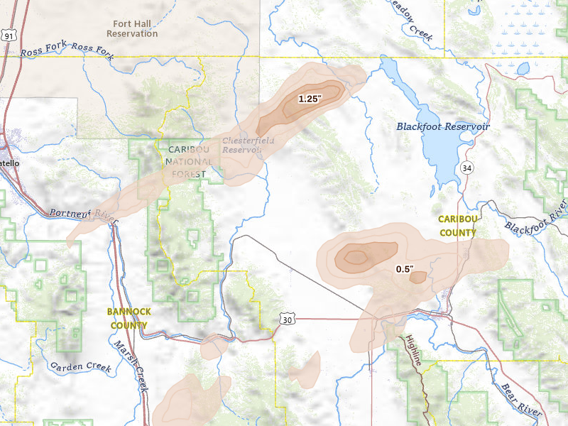 Radar-estimated hail-size map of the storm over Bancroft, ID on Aug 23, 2026