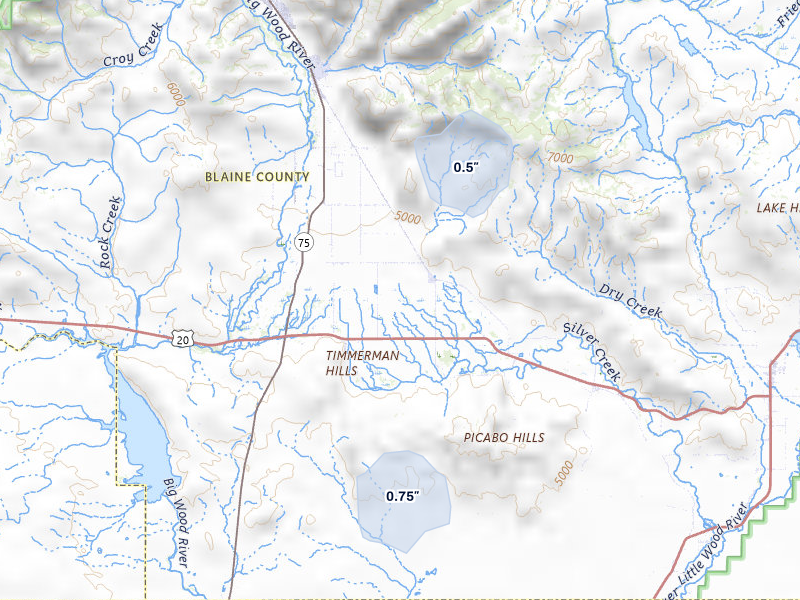 NEXRAD radar-signature map of the hail storm over Bellevue, ID on May 5, 2026