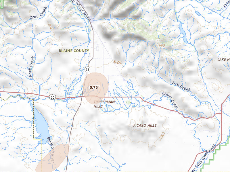 Radar-estimated hail-size map of the storm over Bellevue, ID on Jul 16, 2026