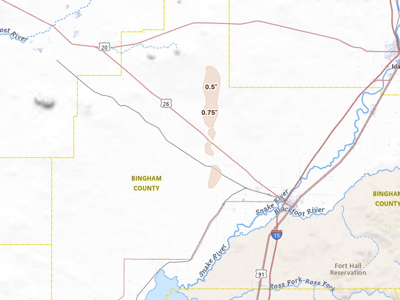 Radar-estimated hail-size map of the storm over Blackfoot, ID on Sep 1, 2026