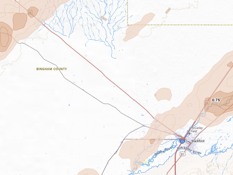 Radar-estimated hail-size map of the storm over Blackfoot, ID