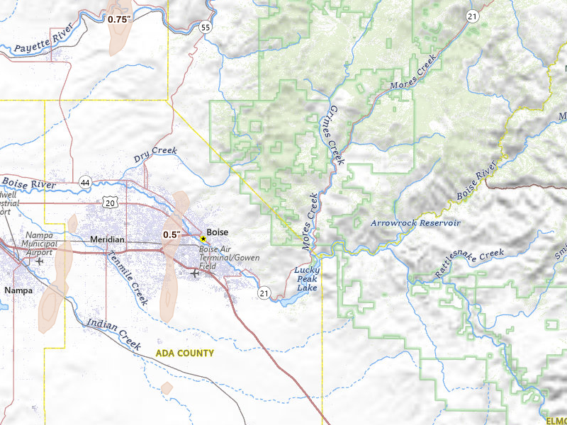 Radar-estimated hail-size map of the storm over Boise, ID