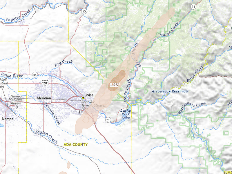 Radar-estimated hail-size map of the storm over Boise, ID on Jul 23, 2026