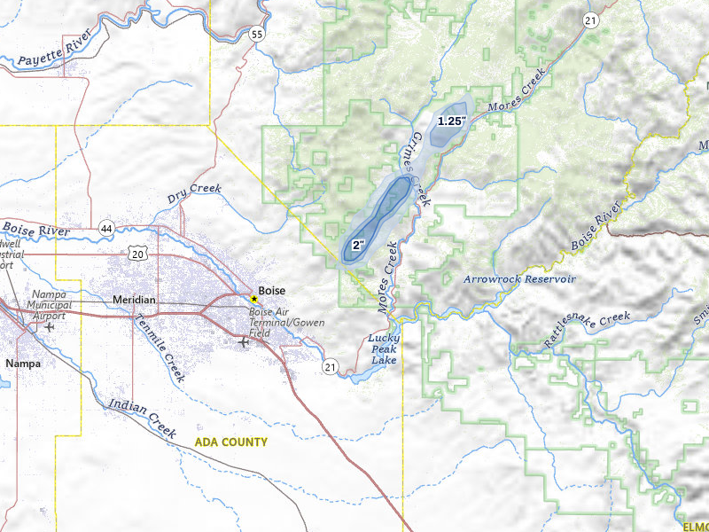 NEXRAD radar-signature map of the hail over Boise, ID