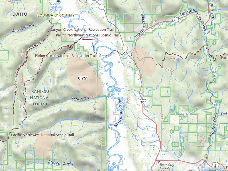 Radar-estimated hail-size map of the storm over Bonners Ferry, ID on May 28, 2026