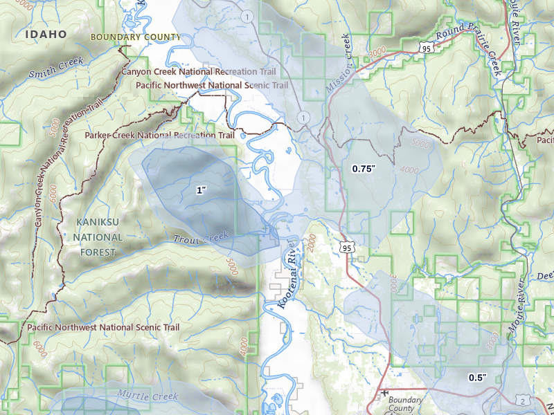 NEXRAD radar-signature map of the hail storm over Bonners Ferry, ID on May 28, 2026