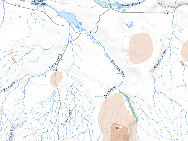 Radar-estimated hail-size map of the storm over Bruneau, ID on Jul 17, 2026