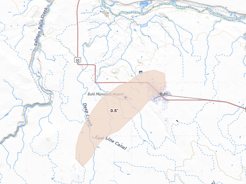 Radar-estimated hail-size map of the storm over Buhl, ID on Jul 1, 2026