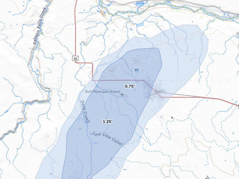 NEXRAD radar-signature map of the hail storm over Buhl, ID on Jul 1, 2026