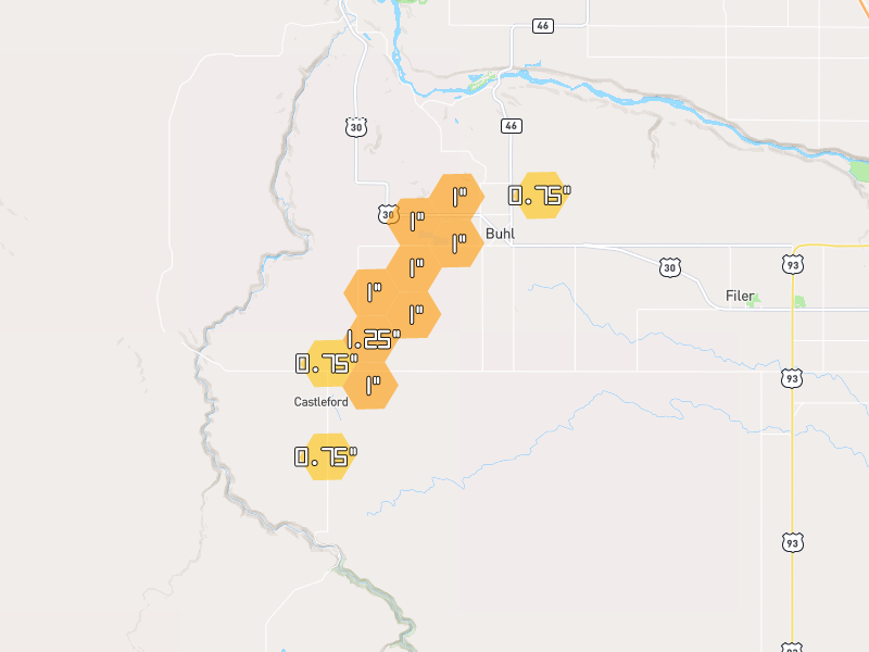 Hail map of Buhl, ID on Jul 1, 2026, hail up to 1.25"