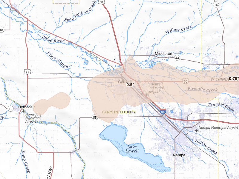 Radar-estimated hail-size map of the storm over Caldwell, ID on Jun 26, 2026