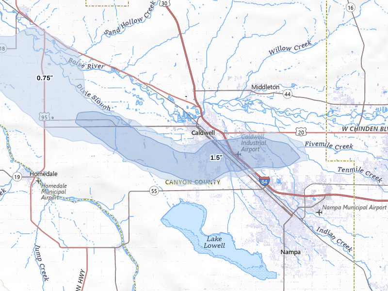 NEXRAD radar-signature map of the hail storm over Caldwell, ID on Jun 26, 2026