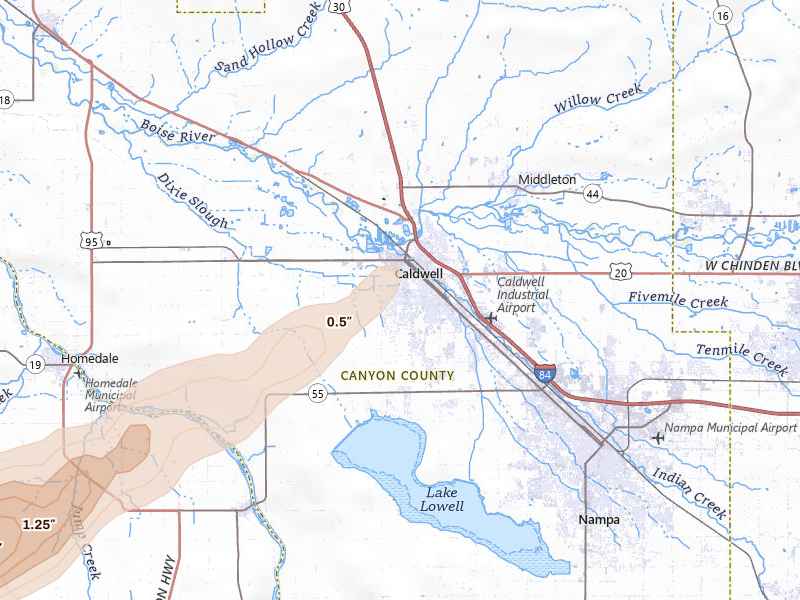 Radar-estimated hail-size map of the storm over Caldwell, ID on Jul 23, 2026