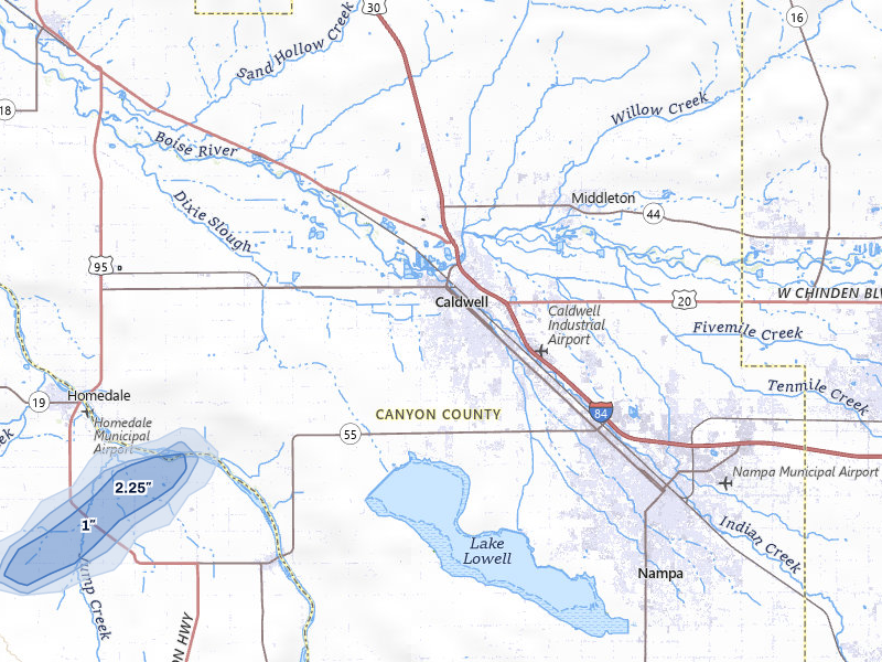 NEXRAD radar-signature map of the hail storm over Caldwell, ID on Jul 23, 2026