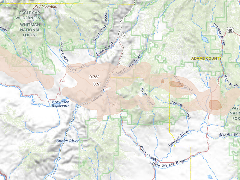 Radar-estimated hail-size map of the storm over Cambridge, ID on May 28, 2026