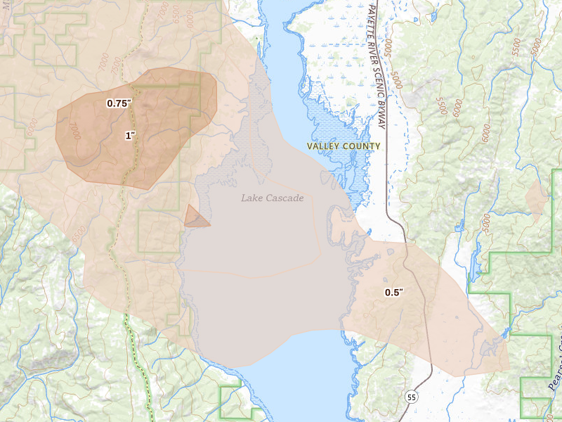 Radar-estimated hail-size map of the storm over Cascade, ID on May 27, 2026