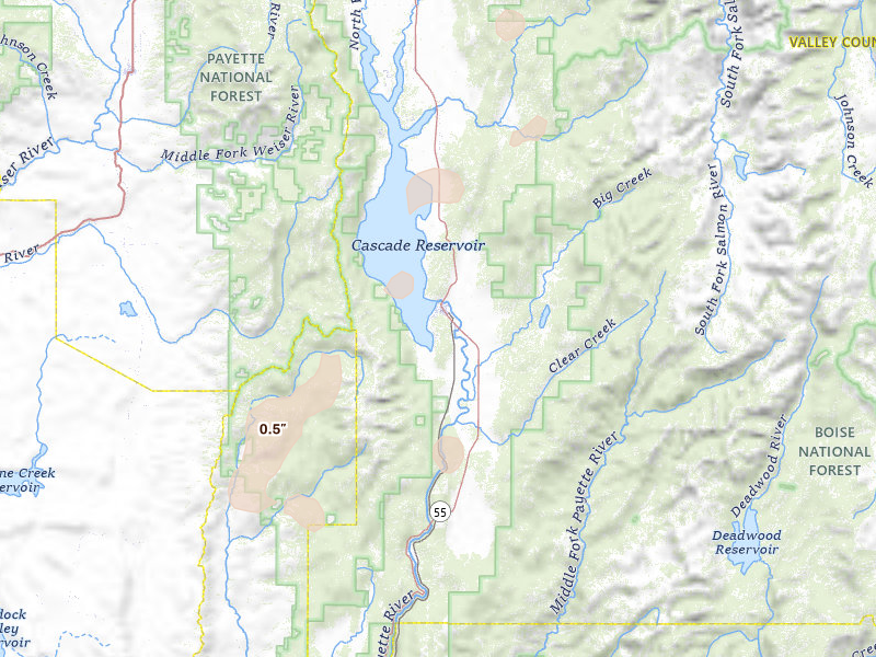 Radar-estimated hail-size map of the storm over Cascade, ID on Aug 15, 2026