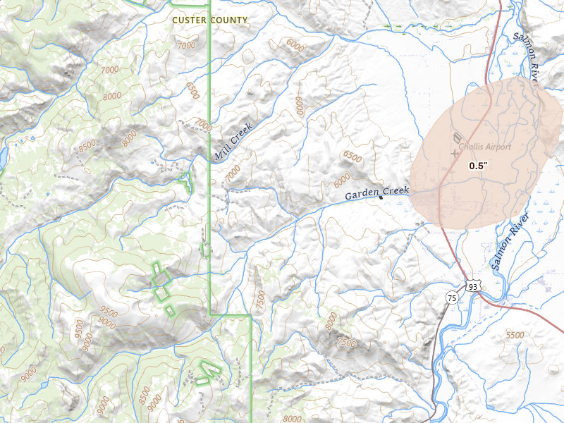 Radar-estimated hail-size map of the storm over Challis, ID on Jul 18, 2026