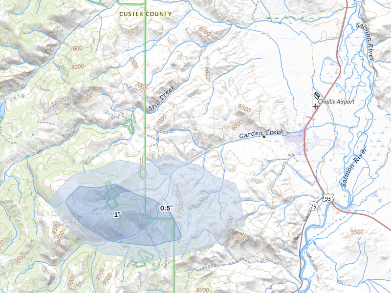 NEXRAD radar-signature map of the hail over Challis, ID