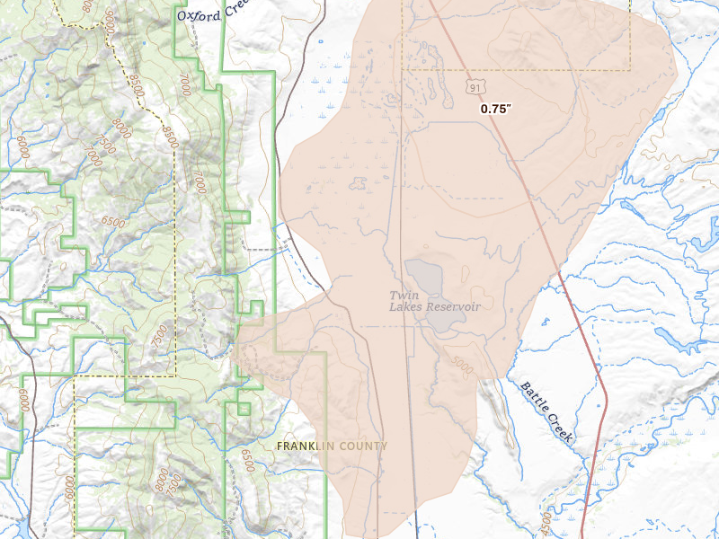 Radar-estimated hail-size map of the storm over Clifton, ID on Jun 27, 2026