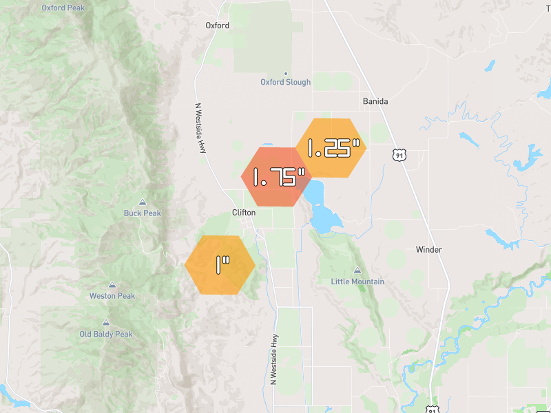 Hail map of Clifton, ID on Jun 27, 2026, hail up to 1.75"
