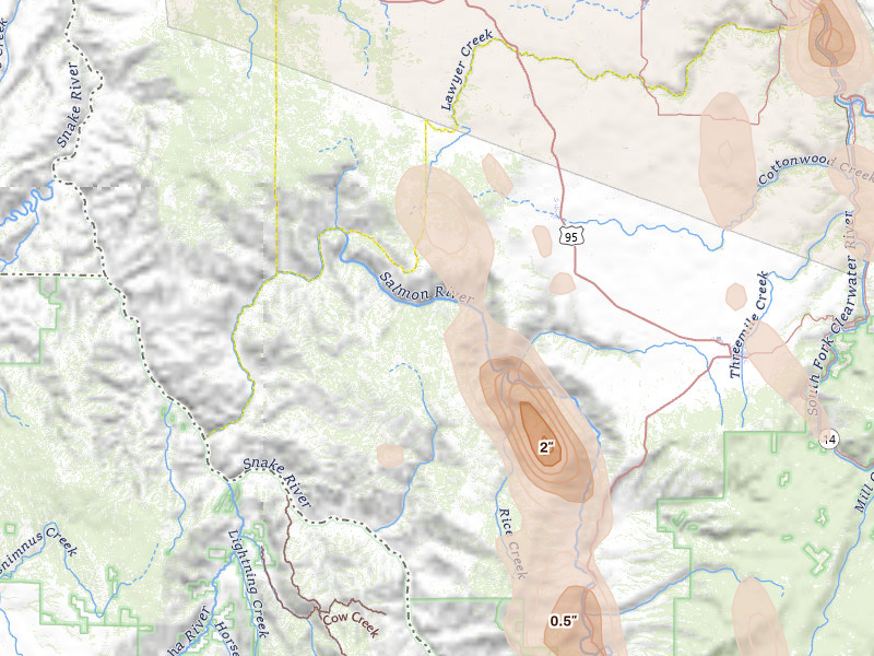Radar-estimated hail-size map of the storm over Cottonwood, ID on May 28, 2026