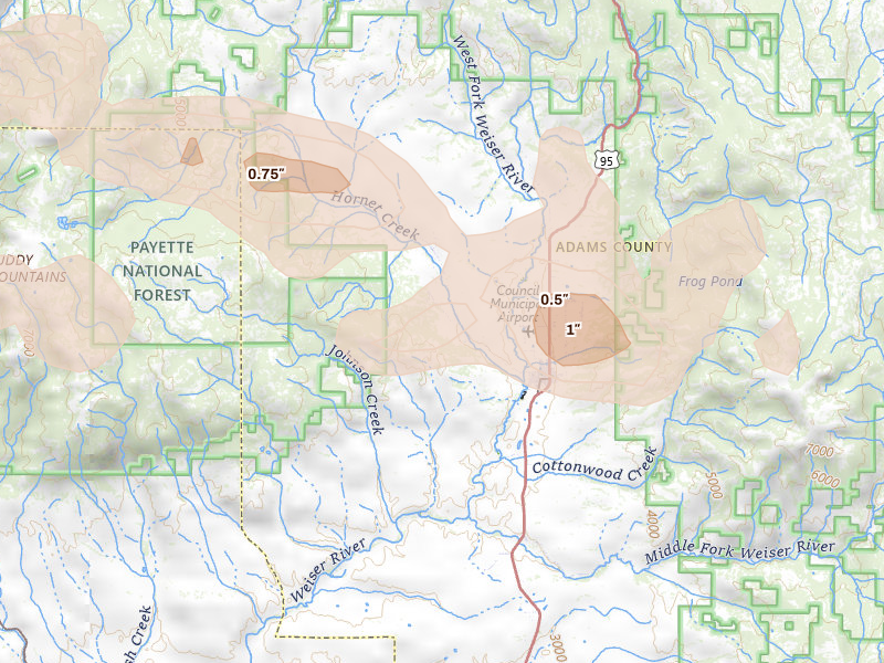 Radar-estimated hail-size map of the storm over Council, ID on May 28, 2026