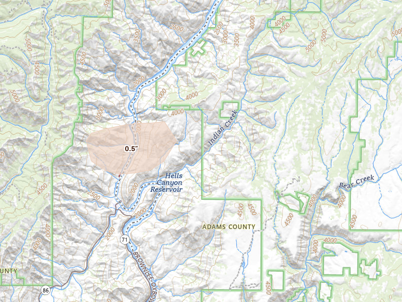 Radar-estimated hail-size map of the storm over Council, ID on Jul 23, 2026