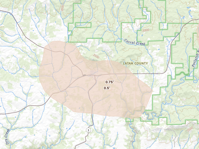 Radar-estimated hail-size map of the storm over Deary, ID on May 28, 2026
