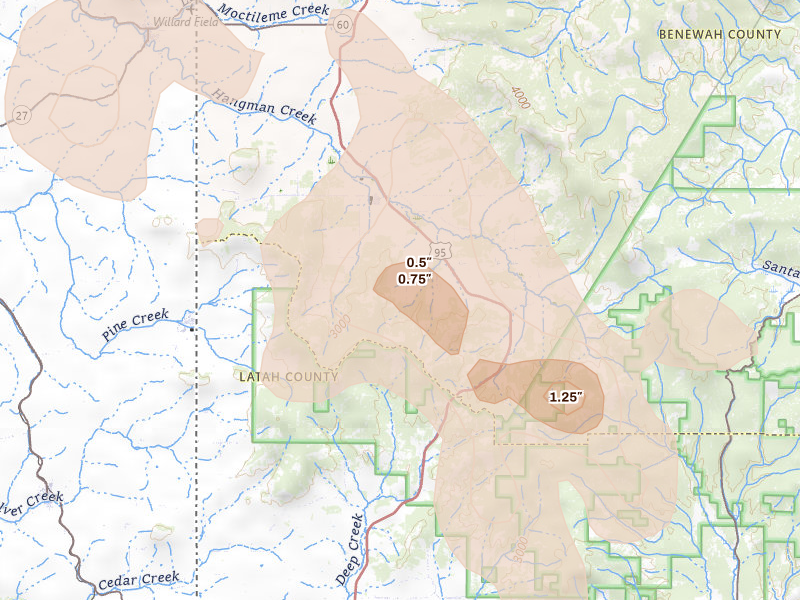 Radar-estimated hail-size map of the storm over Desmet, ID on May 28, 2026