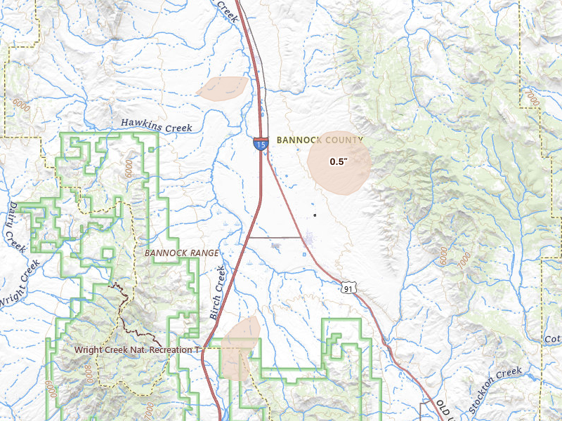 Radar-estimated hail-size map of the storm over Downey, ID on Jul 30, 2026