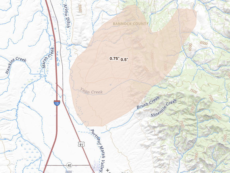 Radar-estimated hail-size map of the storm over Downey, ID on Aug 23, 2026